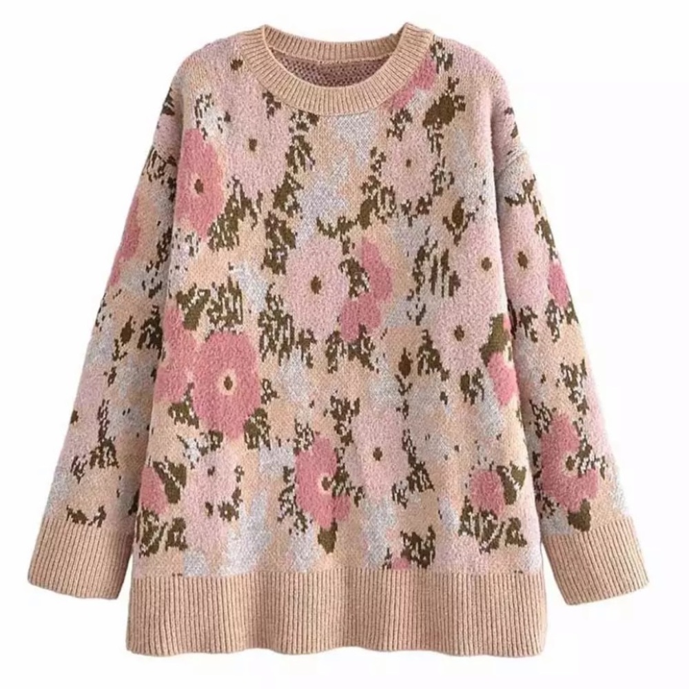 SOLD OUT Beige Floral Pullover Oversized Knit Sweater - Picture 6 of 11